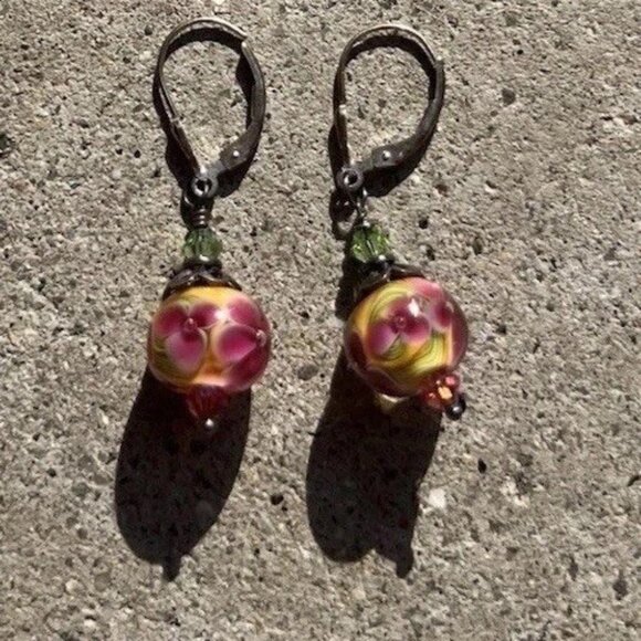 Vintage Sterling Silver Dangle Floral Beaded Pink Multicolor Flower Earrings - Picture 6 of 10